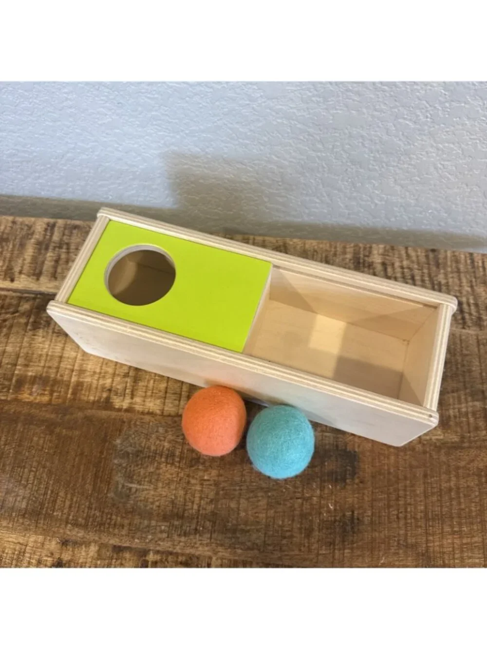 Lovevery Top Sliding Box With Felt Ball Drop Wooden Toy Montessori Sensory Balls